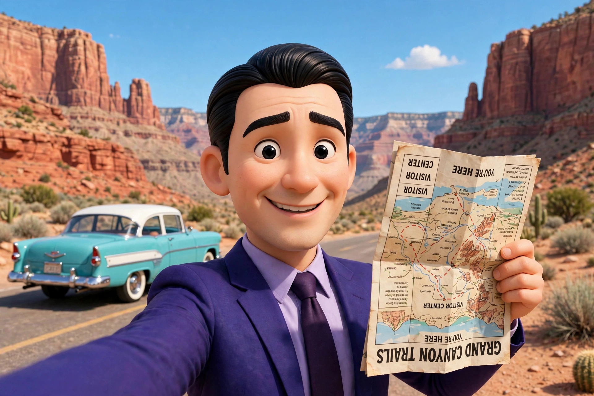 Reeves at the Grand Canyon holding a map upside down