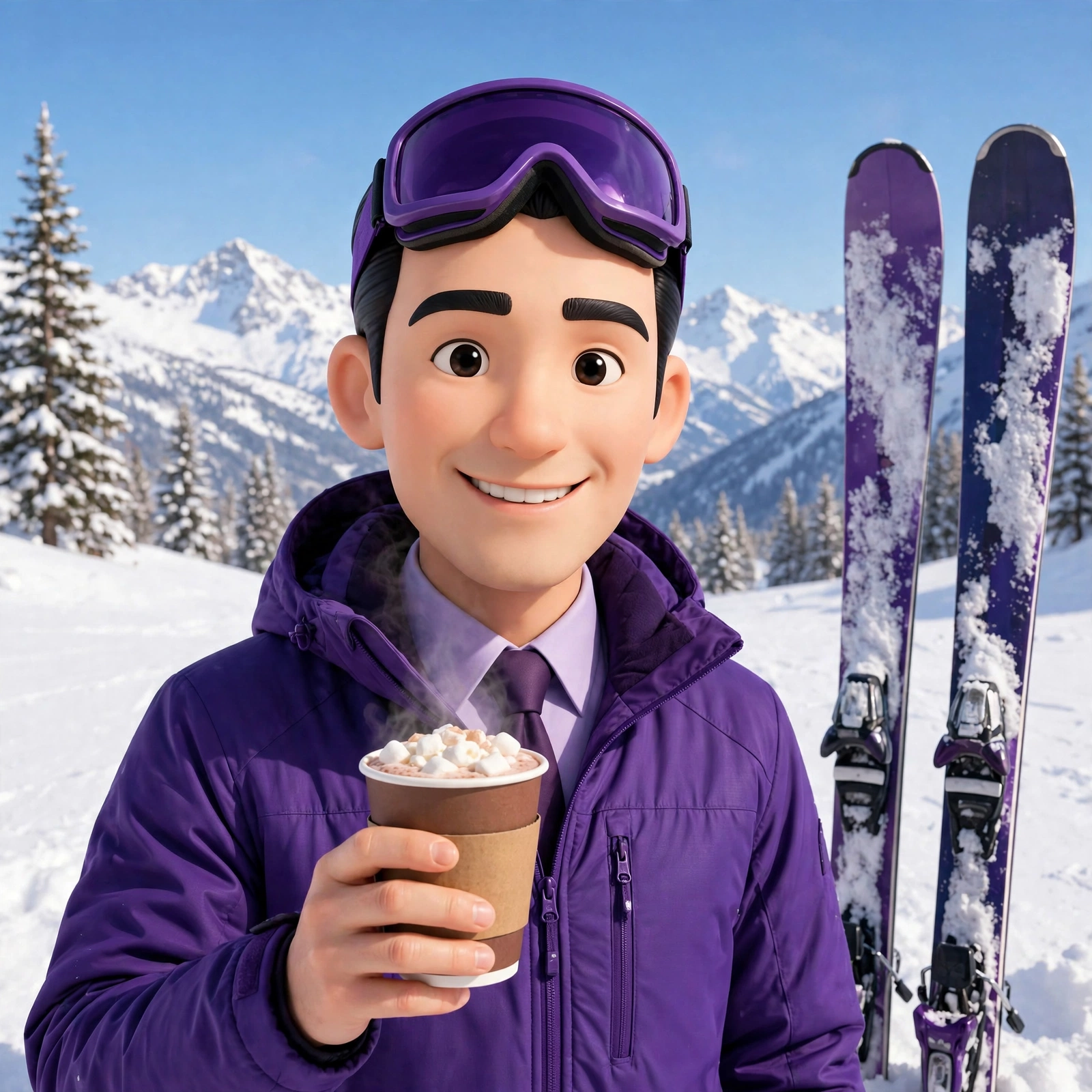 Reeves on a ski trip in a purple ski suit, holding hot cocoa